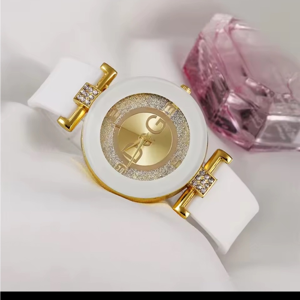 White and Gold Luxury Watch with Crystal Accents